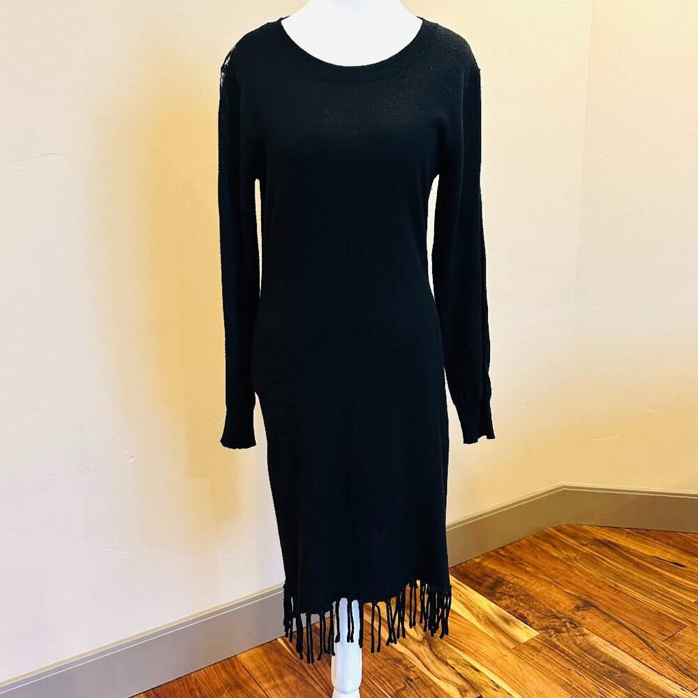 CANDELA BLACK FRINGE KNIT DRESS WITH LACE SLEEVES MEDIUM
